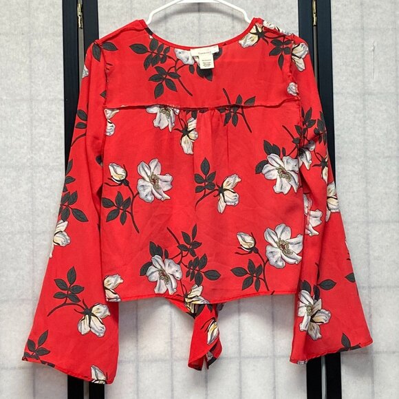Urban Romantics V Neck Sheer Front Button Crop Tie Waist Bell Sleeve Top Red M - Picture 6 of 11